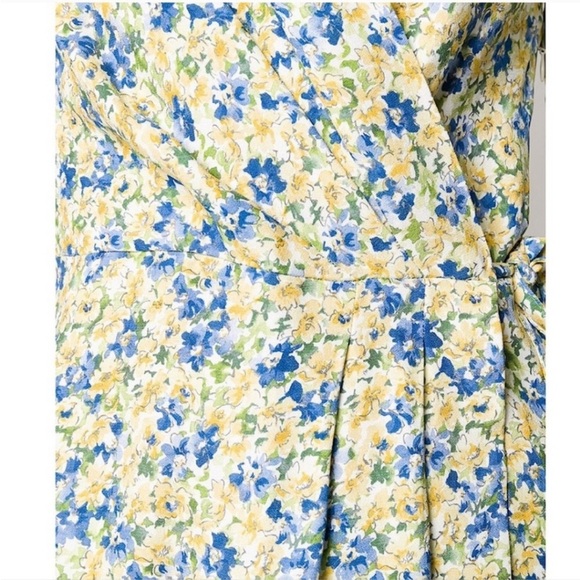 A.P.C. APC Mathilda Floral Midi Dress Dab Jaune Clair Blue Yellow Faux Wrap US 6 - Picture 16 of 16